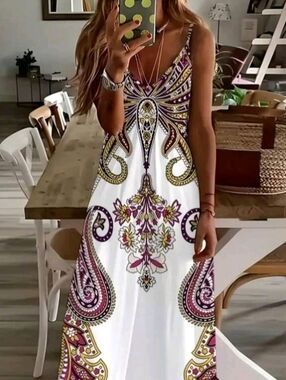 Boho V-Neck Maxi Dress in White with Purple & Gold Print